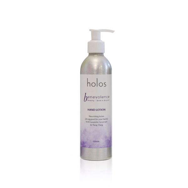 A sleek silver bottle of Holos Skincare Benevolence Hand Lotion, equipped with a pump dispenser. The label showcases elegant purple and white hues, highlighting ingredients like lavender, geranium, and ylang-ylang. This 250 ml bottle offers a touch of luxury in hand care.